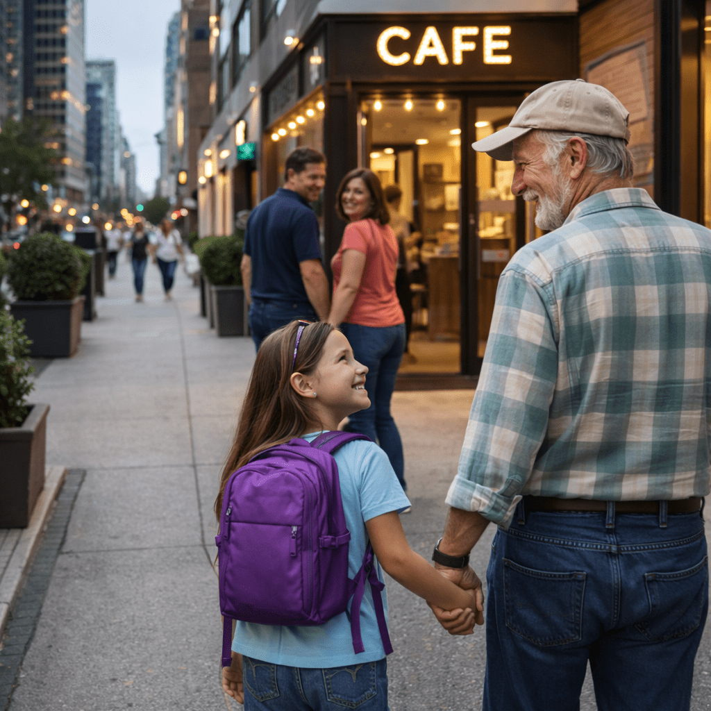 Grandfather smiling and walking with granddaughter on a tree-lined path, with two adults talking in the background