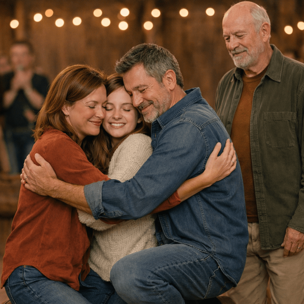 Parents kneeling hugging daughter, grandfather standing nearby