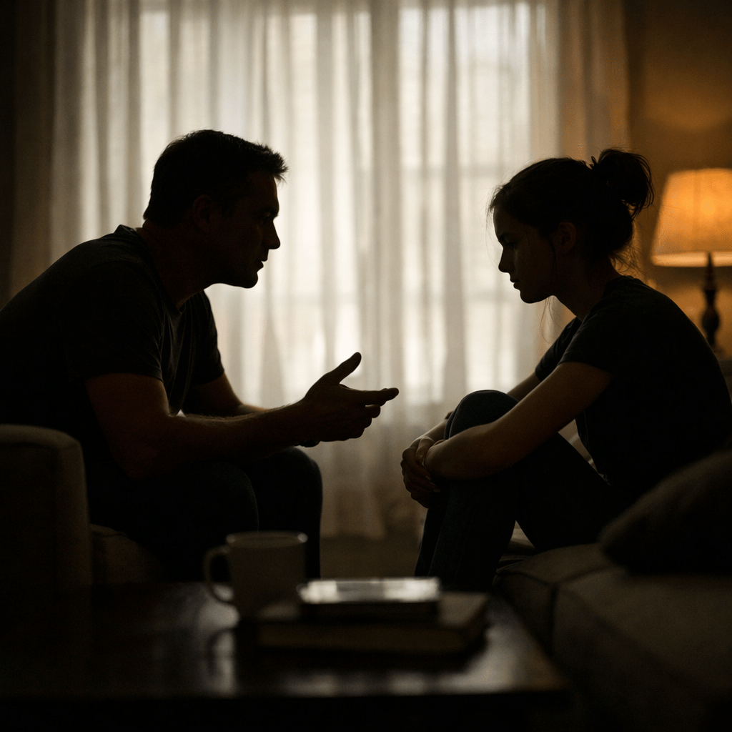Silhouettes of a man and a woman sitting on couches facing each other, appearing to talk seriously