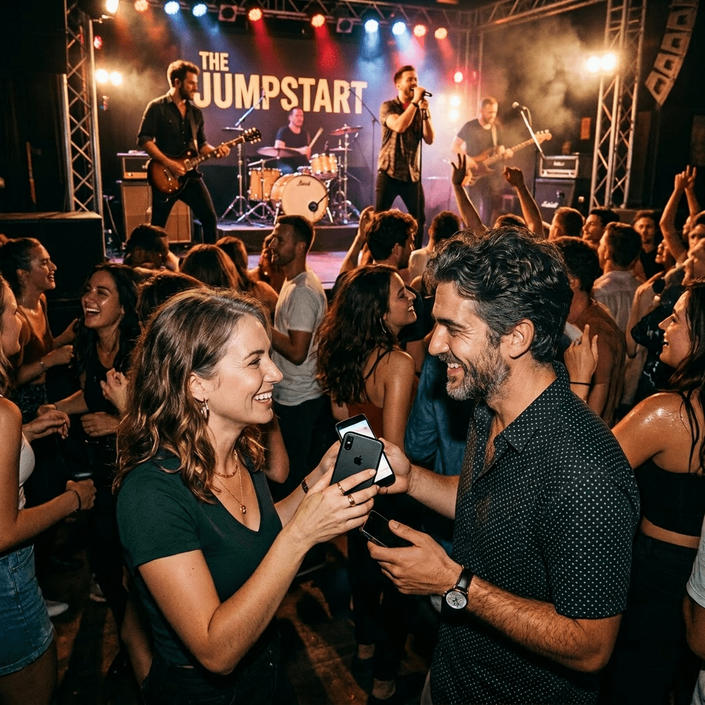 Young people smiling and sharing phones at a crowded live concert with band on stage