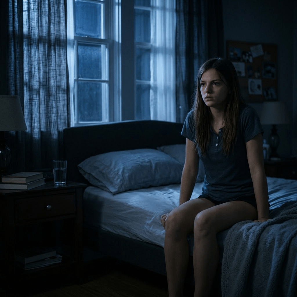 Young woman sitting on bed in dimly lit bedroom looking to the side