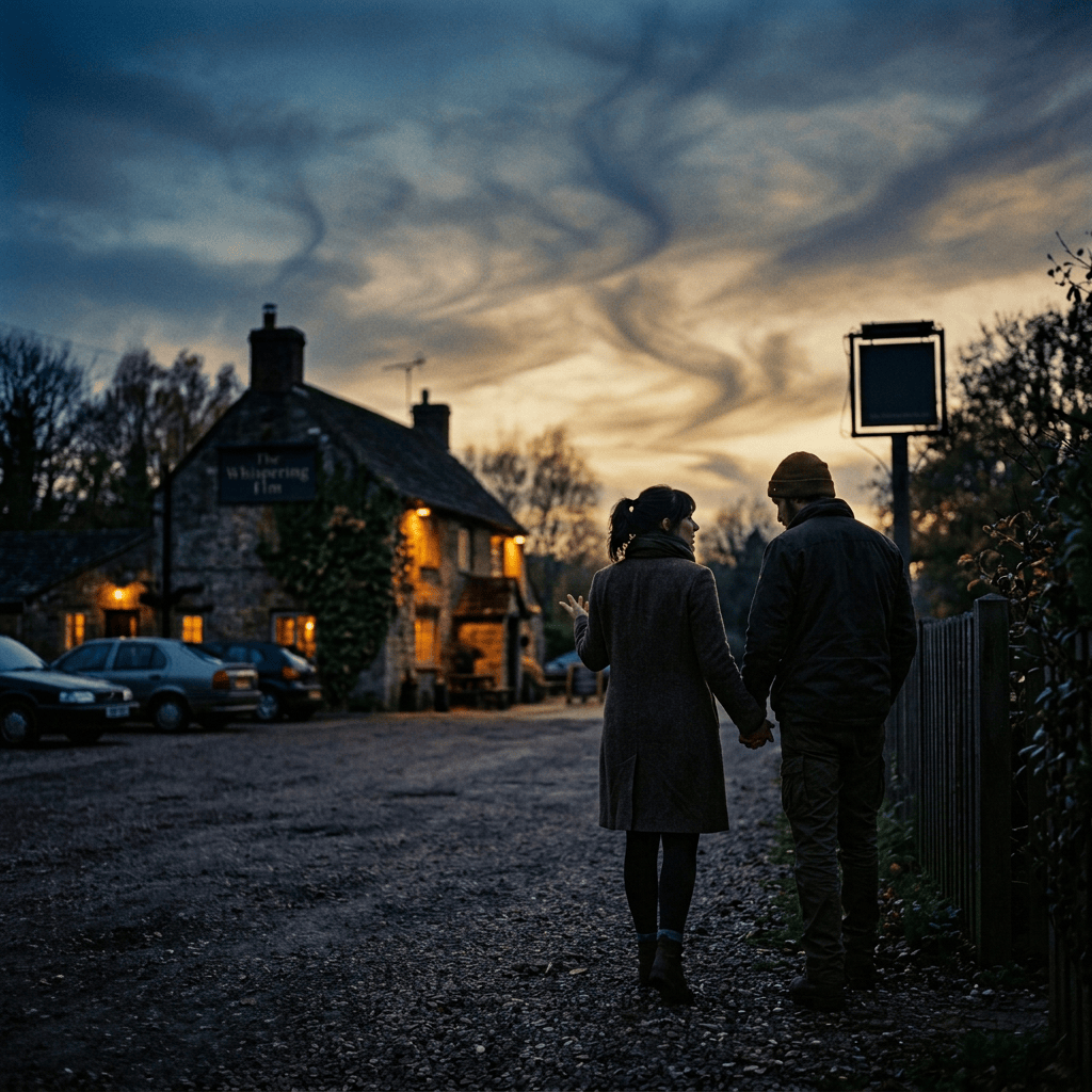 Two people talking outside a warmly lit country pub at dusk