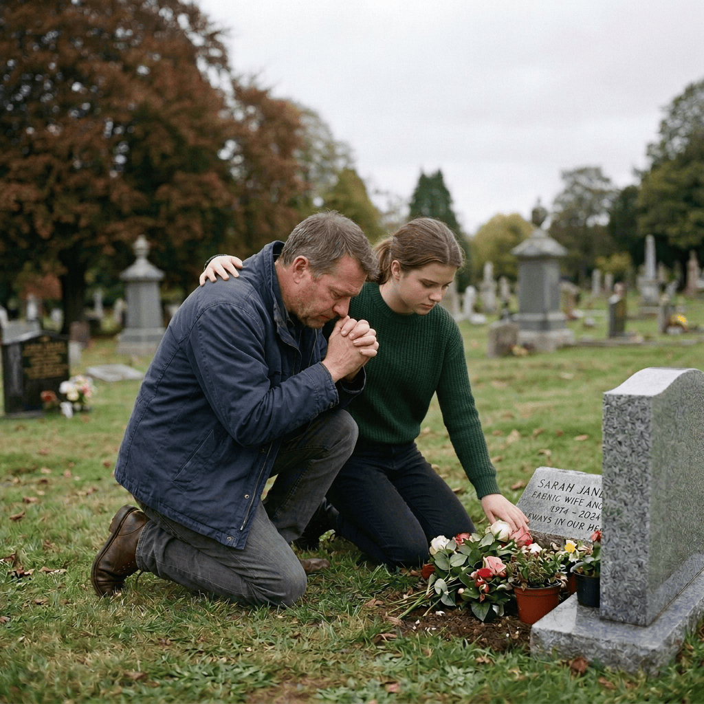Father and daughter kneel beside gravestone reading “SARAH JAN..., LOVING WIFE, 1974–2024, ALWAYS IN OUR HE...”